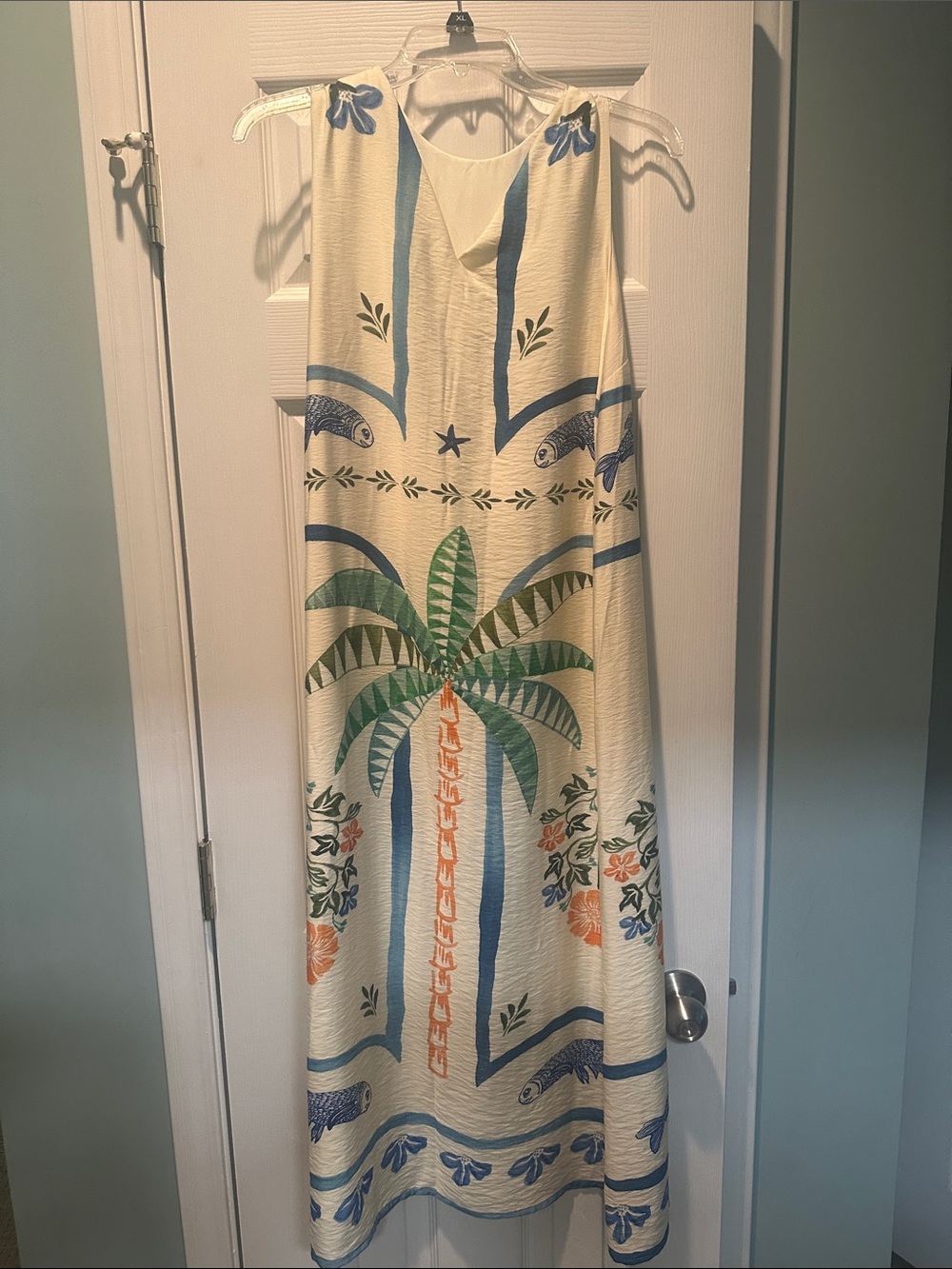 Sleeveless Cream Palm-Print Maxi Dress